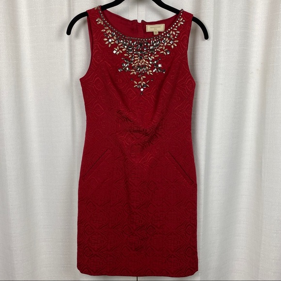 Anthropologie Moulinette Soeurs Red Brocade Embellished Sheath Dress Sz.0 - Picture 5 of 15